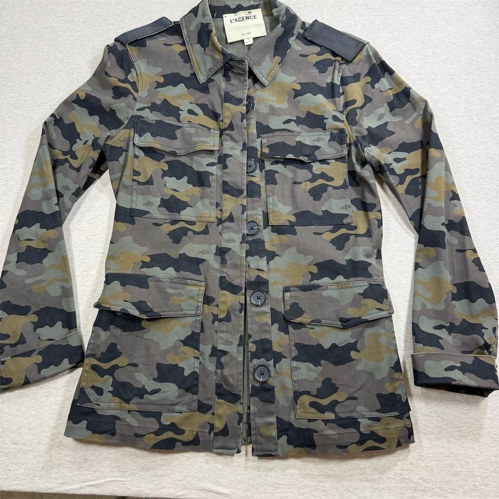 L'AGENCE Jacket Womens Medium Camouflage Utility Field Button Front 4